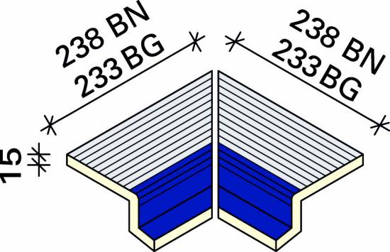 Угол внутренний рифленой плитки с обкладкой под решетку 107°с маркером Interbau 238x140, арт. 5822 RH C